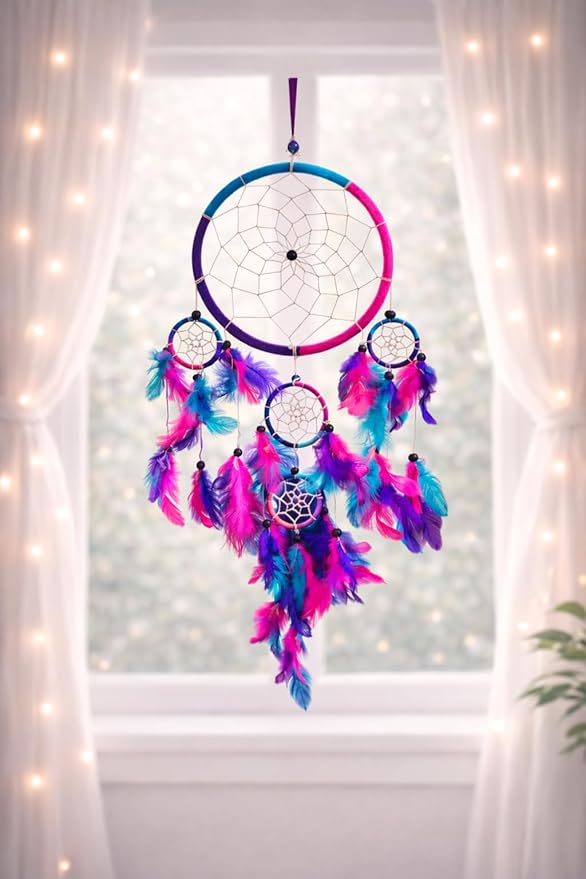 OMA Large Dream Catcher Wall Decor – Tie Dye Dream Catcher with Purple, Turquoise & Pink Feathers for Bedroom, Living Room, Dorms & Gift, Size - 9” x 30”