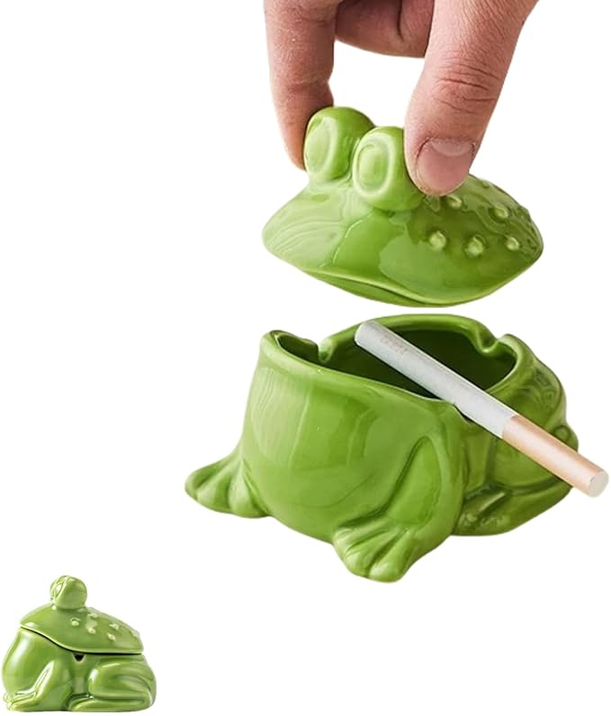 Frog Ashtray with Lid for Cigarette Ceramic Green Windproof Ash Tray for Home Office Tabletop Outside Patio Outdoor