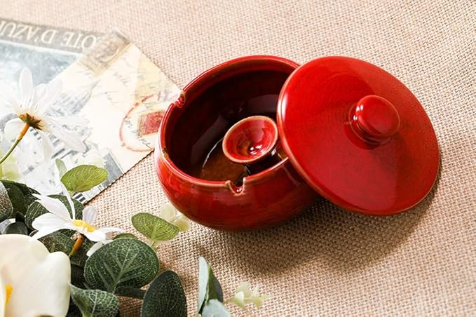 Lependor Ceramic Ashtray with Lids, Windproof, Cigarette Ashtray for Indoor or Outdoor Use，Ash Holder for Smokers,Desktop Smoking Ash Tray for Home Office Decoration- Red