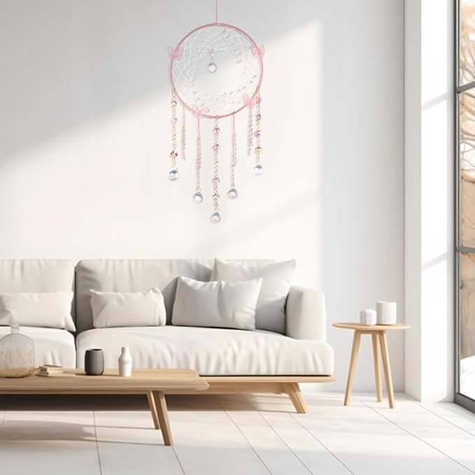 Artilady Butterfly Dream Catchers with Crystals - Large Boho Pink Moon Dream Catcher Wall Decor Home Decorations Girls Kids Baby Bedroom Room Decor Christmas Birthday Teen Girl Boys Gifts