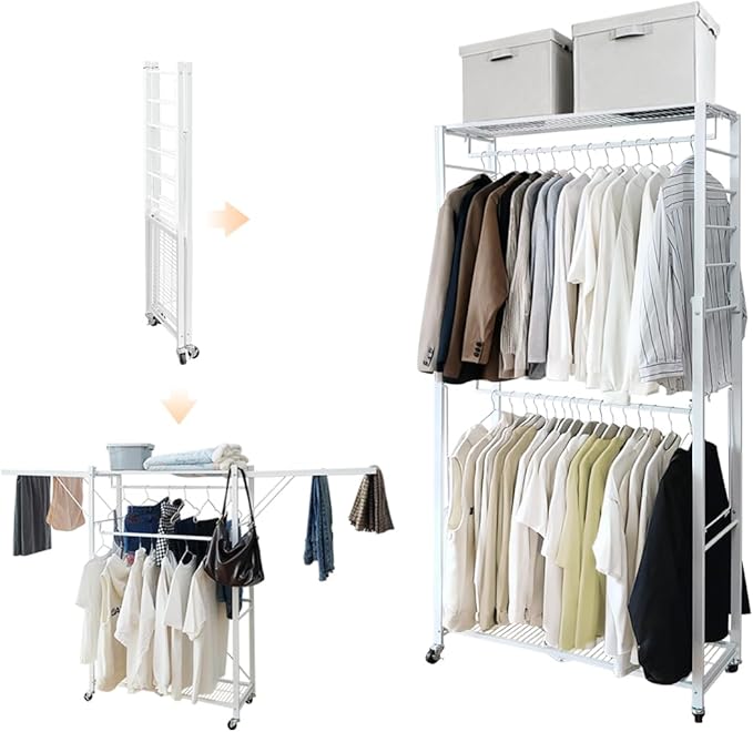 lumizone Folding Clothing Rack with Wheels Expandable Wardrobe Portable Clothes Rack for Hanging Clothes Adjustable Closet Shelves Garment Rack Durable Closet Racks for Hanging Clothes (Pro White)
