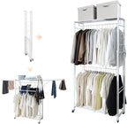 lumizone Folding Clothing Rack with Wheels Expandable Wardrobe Portable Clothes Rack for Hanging Clothes Adjustable Closet Shelves Garment Rack Durable Closet Racks for Hanging Clothes (Pro White)