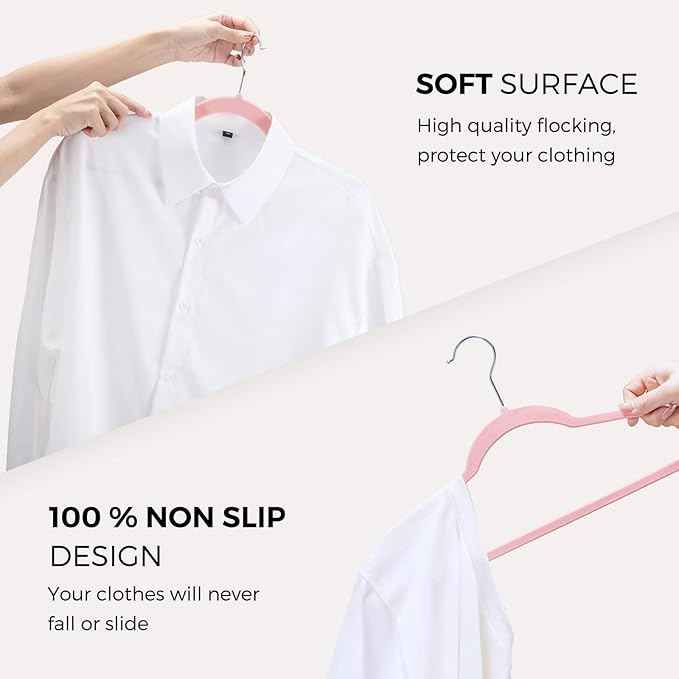 HOUSE DAY Premium Velvet Hangers 50 Pack Pink, Non-Slip Flocked Felt Hangers, Sturdy Clothes Hanger Heavy Duty Coat Hanger, Durable Slim for Closet Space Saving