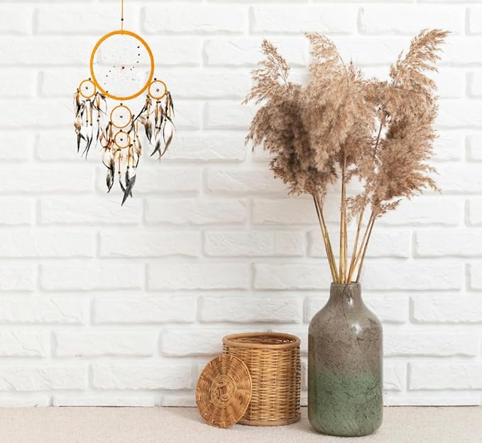 OMA Dream Catcher Wall Hanging - Boho Dream Catcher Wall Decor with Tiger Eye Stones and Feathers - Brown Suede Traditional Design - Perfect Bedroom Decoration and Gift - Large 28"x9" (3 Stone)