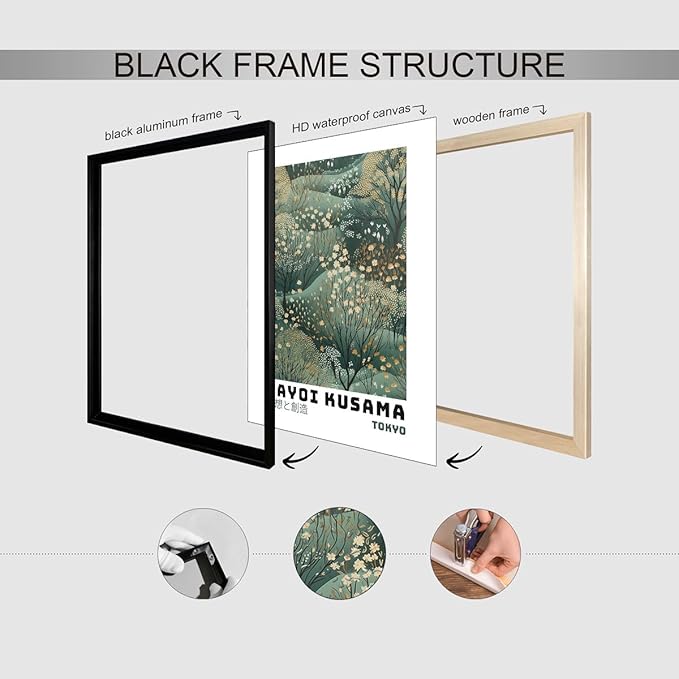 Yayoi Kusama Inspired Poster Japanese Botanical Wall Art Abstract Yayoi Kusama Print Modern Ukiyo-e Japanese Gallery Wall Decor 11x14in Black Framed for Home Bedroom Decorations