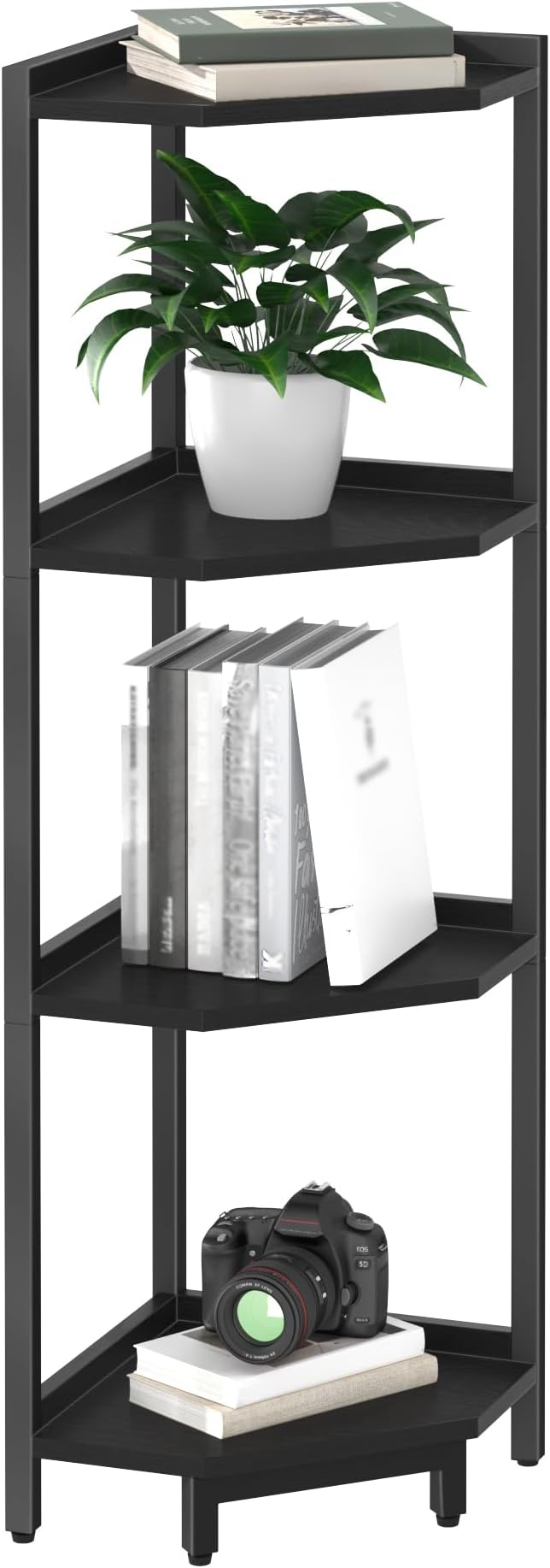 Hzuaneri Corner Shelf Stand, Corner Bookshelf, Storage Standing Shelf Unit with Metal Frame, Plant Stand, Bookcase for Living Room, Home Office, Bedroom, 4-Tier Black CS05806B