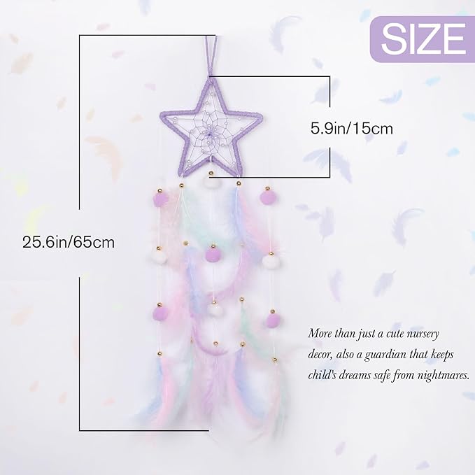 Pretty Jolly Purple Star Kids Dream Catcher Wall Decor Pompom Feather Baby Dreamcatcher Handmade Children Dream Catcher Home Décor Wall Hanging for Nursery Bedroom Boys Girls Birthday Gift-25.6in