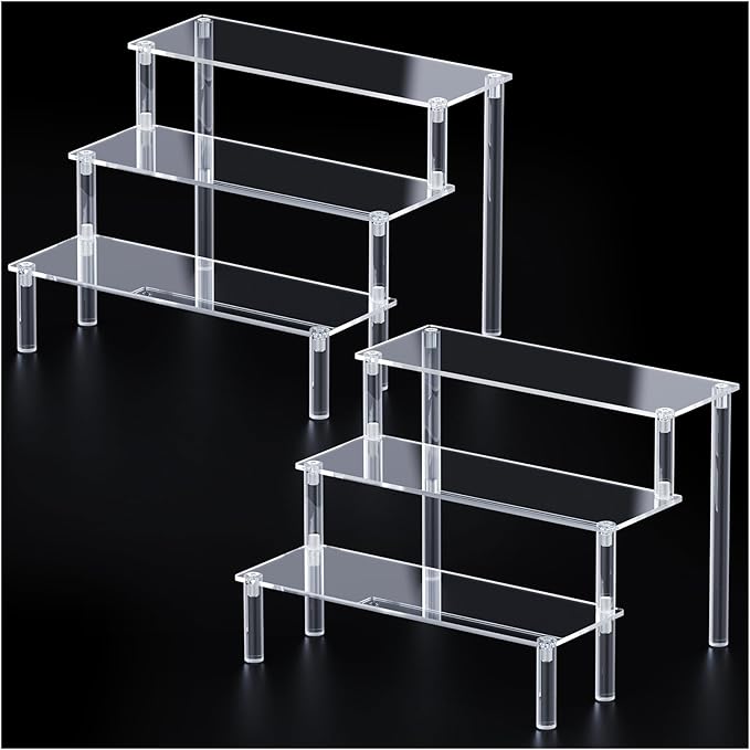 2 Packs Acrylic Display Stand Riser,3 Tier Perfume Organizer Cupcake Stand Acrylic Pop Shelves Holder,Clear Desk Display Shelf for Figure,Trinket,Collectibles,Dessert Tray Stands for Party Decor-7.9in