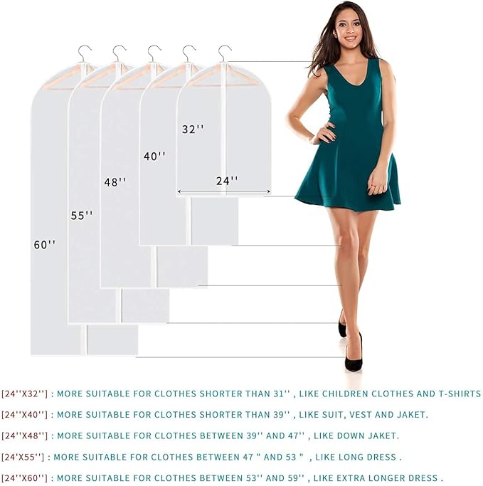 Garment Bags for Hanging Clothes, 6 PCs All Clear Garment Bag, Plastic Dustproof Suit Bag, Coat Protector Zippered Garment Covers for Closet Storage and Travel - 24'' x 32''/6 Pack