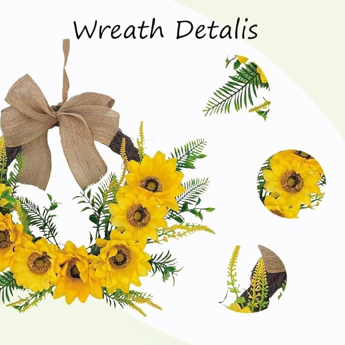18 Inch Sunflower Wreath for Front Door, Artificial Spring Wreath with Bright Sunflowers and Bow for All Seasons Indoor Outdoor Wall Window Office Farmhouse Entryway Decor