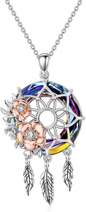 Dream Catcher Pendant Necklace 925 Sterling Silver Synthetic Moonstone Crystal Sunflower Rose Flower Evil Eye Dreamcatcher Cremation Jewelry Gifts for Women Wife Mom