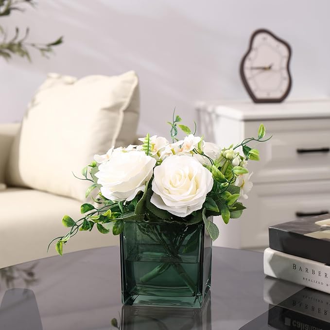 Square Glass Vases Set of 4, 5" x 5" x 5" Green Flower Vases for Centerpieces, Square Vase for Flowers, Small Vase for Wedding, Party, Home Office Decoration