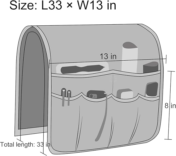 Sofa Armrest Organizer, Remote Control Holder for Recliner Couch, Arm Chair Caddy with 6 Pockets for Magazine, Tablet, Phone, iPad (Silver Gray, W13'' x L33'')