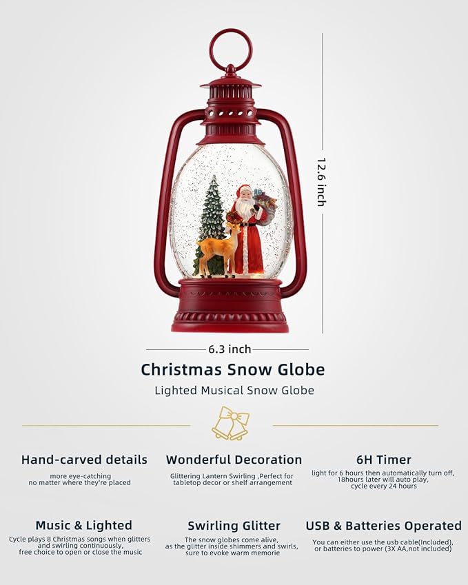 12.6 Inch Large Christmas Snow Globes, Snow Globe Christmas with Santa, Glittering Snow Globe Lantern with Timer, Musical Christmas Snow Globe for Christmas Decor(Santa)