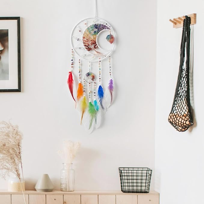 7 Chakras White Dream Catchers Tree of Life Dream Catcher Rainbow Feather Dreamcatcher Wall Decor with Healing Crystal & Fluorite Wall Art Hanging for Bedroom Home Decor Bless Gift Wedding Garden