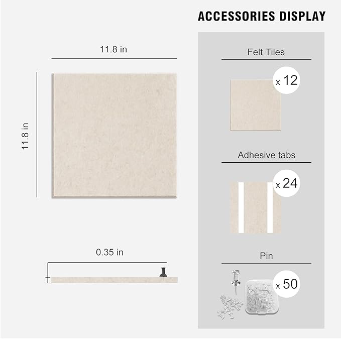 TSJOFFICE Large Cork Board for Wall - 48" x 36" Bulletin Board with 50 Pushpins for Office Decor, Pin Board 12 Pack Felt Wall Tiles with Safe Removable Adhesive Tabs, Corkboard for Home - Oatmeal