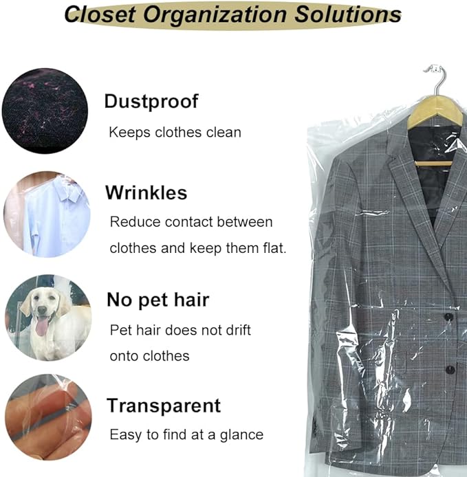 10Pcs Transparent Plastic Garment Covers 35.4inch Hanging Clothes Dust-Proof Protector Bags Suitable for Home Storage Clothing Stores & Dry Cleaning Laundrette.