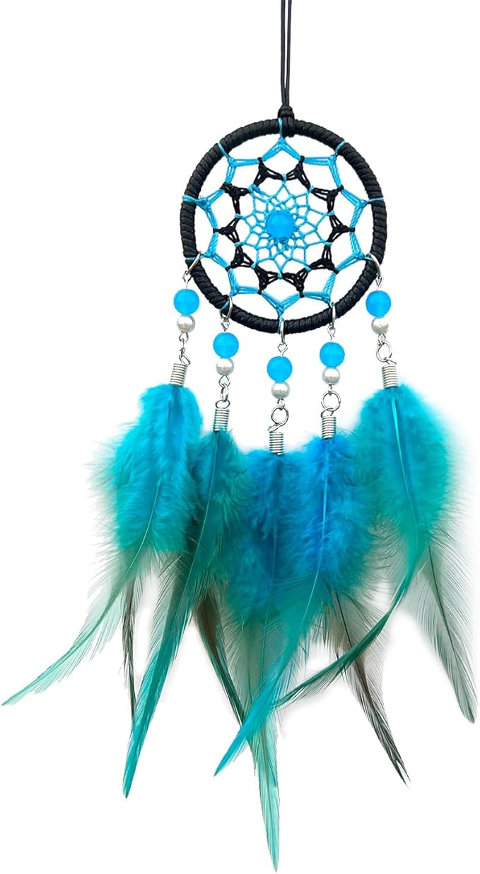 Rear View Mirror Accessories Small Dream Catcher for Car, Turquoise Blue Mini Dreamcatcher for Rearview Mirror Hanging