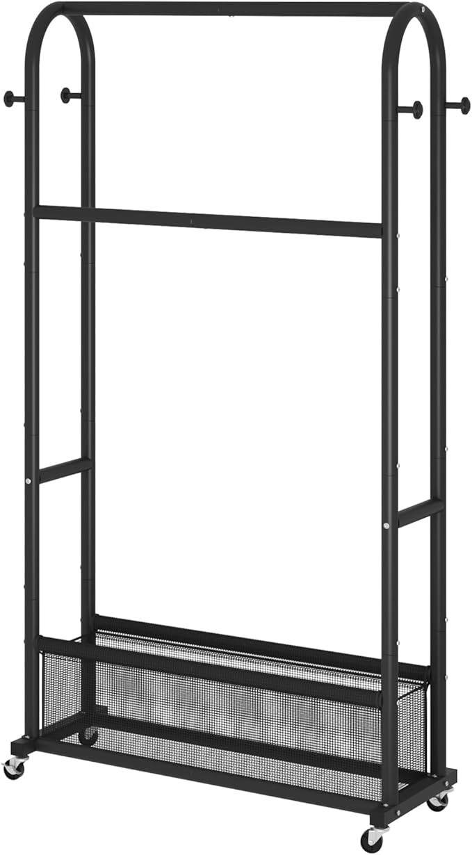 MOYIPIN Double Rods Clothing Rack with Wheels,Clothing Organizer for Hanging Clothes Coat Scarves Bags,Multi-functional Bedroom Garment Rack,4 Hooks,Black