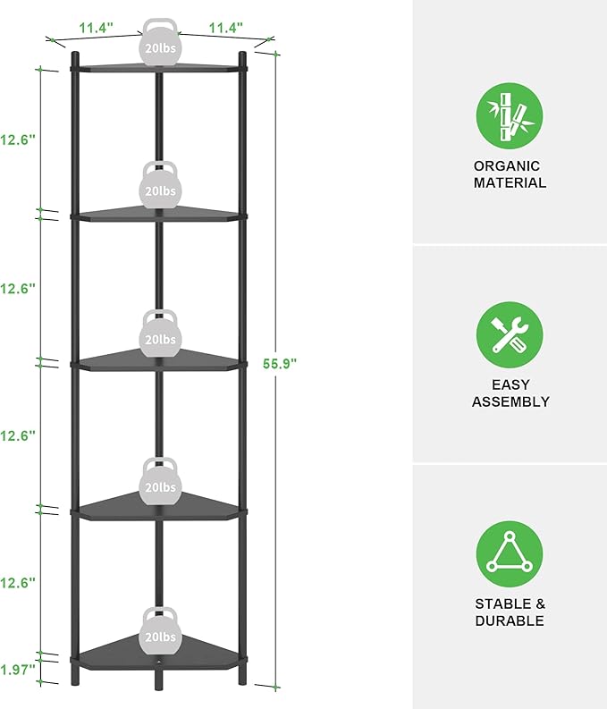 Wisuce Corner Shelf Stand - 5 Tier Black Bamboo Small Corner Bookshelf for Office Kitchen Bedroom Plant Stand Living Room Decor Small Space