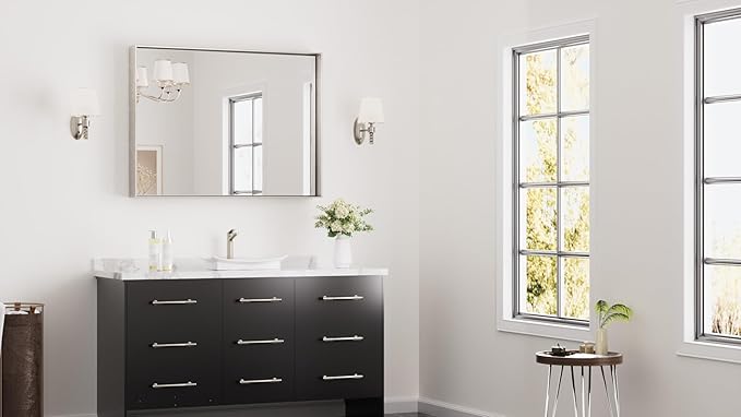 Keonjinn Brushed Nickel Bathroom Mirror 40 x 30 in Rectangle Frame Mirror for Over Sink, Rectangular Metal Framed Vanity Mirror Square Corner Aluminum Alloy Modern Silver Mirror(Horizontal/Vertical)