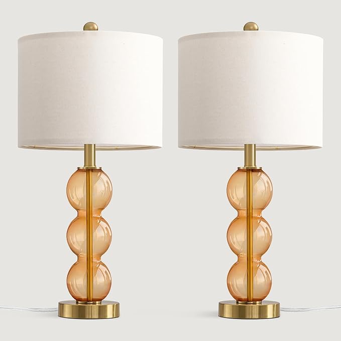 Oneach 25" Amber Glass Table Lamps for Living Room, Glass Modern Table Lamp Set of 2, USB Charging Ports, Linen Shade, Bedside Lamps for Bedroom, Nightstand, Side Table (Bulbs not Included)