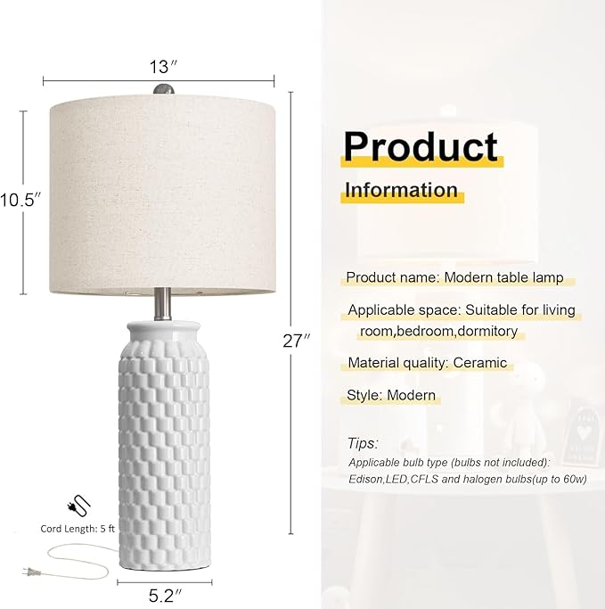 USumkky 27" Ceramic Table Lamps Set of 2 - Modern Farmhouse & Boho Style, Bedside Nightstand Lamps for Bedroom, Living Room End Table Lamps, Small Desk Lamp(White)