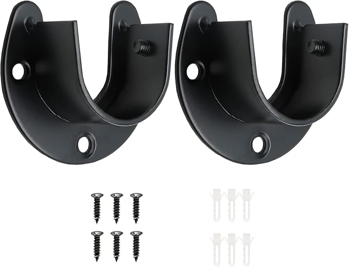 2 Packs Stainless Steel Closet Rod End Supports 1-1/3 Inch Wardrobe Bracket Heavy Duty Closet Pole Sockets Flange Rod Holder, U-Shaped with Screws, Black