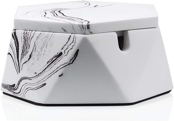 FREELOVE Concrete Ashtray with Lid & Stainless Steel Ashtrays for Cigarettes, Cement Ash Tray Smoking Holder Indoor Smokeless Outdoor Windproof Patio Home Office Cool Decor(White Marble, Small)
