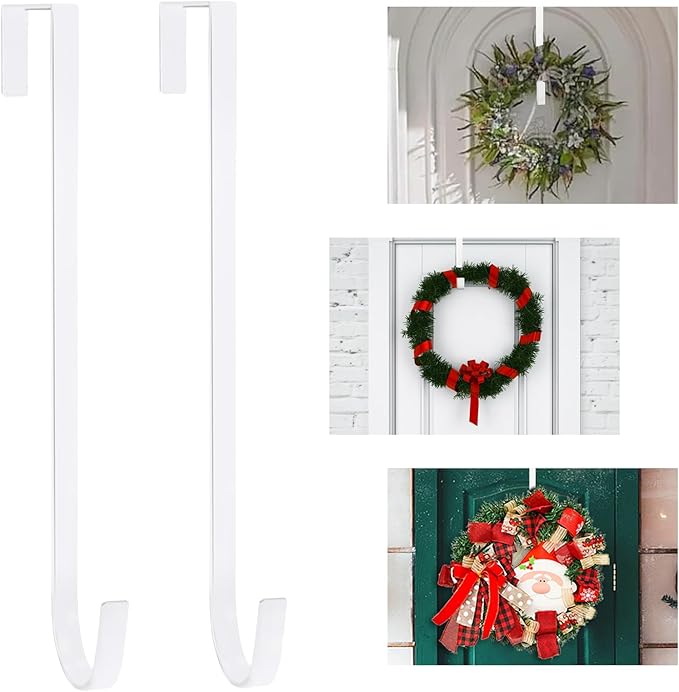 PECULA 2 Pack 14” Wreath Hangers for Front Door, Wreath Door Hanger 40lb Load-Bearing, Metal Wreath Hanger for Welcome Sign, Door Wreath Hanger for Halloween, Easter, Christmas Decorations (White)