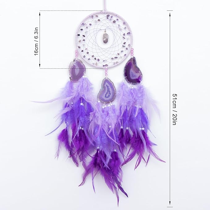 KHOYIME Agate Dream Catcher, Handmade Feather Dreamcatcher with Healing Crystal Stone Natural Gemstone Dream Catchers, Wall Art Hanging Decor Home Ornaments Craft Gift for Girls Adult Bedroom (Purple)