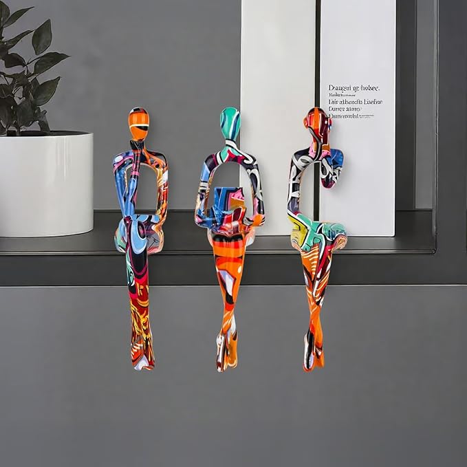 3-Piece Graffiti Abstract Women Thinker Sculptures, Colorful Resin Modern Art Figurines for Home Living Room Office Shelf Table Desk Bookshelf Decor
