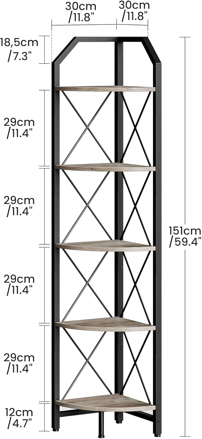 CHOEZON 5-Tier Corner Shelf, Industrial Corner Bookshelf, 59.4" Corner Storage Stand, Plant Stand Display Shelf, Corner Bookcase for Bedroom, Living Room, Home Office, Greige and Black TCJ10BG
