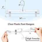 HOUSE DAY Clear Skirt Hangers with Clips, Non-Slip Plastic Pant Hanger with 2 Adjustable Clips, Upgraded Clip Hanger for Pants, Skirts, Shorts, 14" Clear Hangers 10 Pack, 360-Rotating Swivel Hook