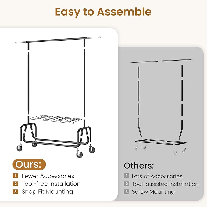 Heavy-duty Clothing Rack with Wheels, Rolling Clothes Rack with Shelf, Clothes Racks for Hanging Clothes, Metal Standing Garment Racks, Black