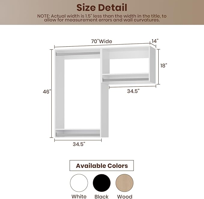 ROOMTEC Modular Closet System, 70" Wall-Mounted Closet Organizer with Hanging Rods, Wooden Tower for Walk-In Closets, Wardrobe Storage Kit, White