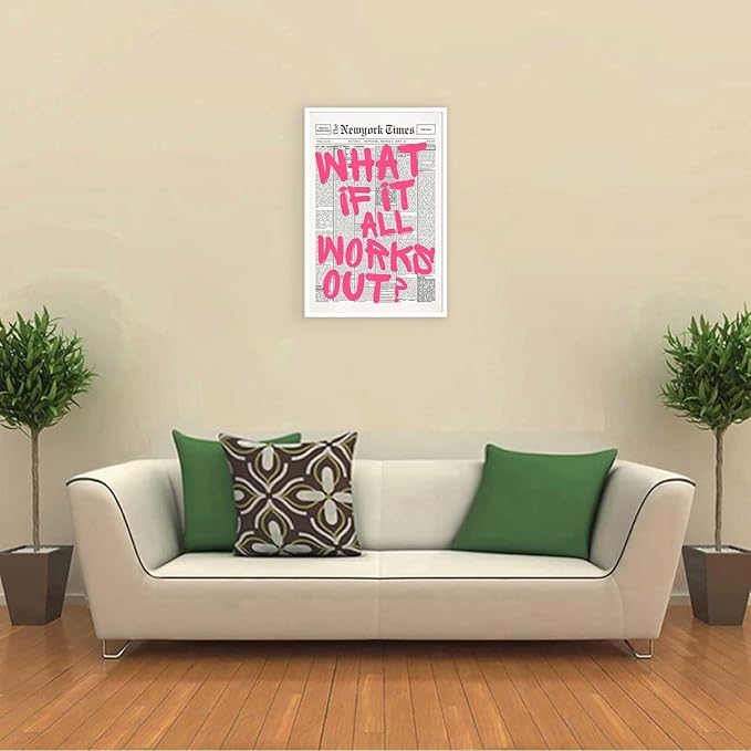 Drimiler Retro Newspaper Pink Font Poster What If It All Works Out Canvas Wall Art Positive Affirming Quote Minimalist Prints Painting For Home Bedroom Dorm Wall Decor 12x18in Unframed