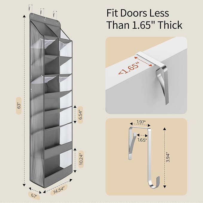 Yecaye Over the Door Shoe Organizer Hanging with Large Pockets, 8 Tier Back of Door Storage for Nursery, Closet and Bathroom, Partition Behind Door Organizers Shelf with Baby Clothes (1 Pack, Grey)
