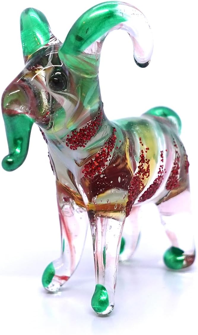 Goat Tiny Figurines Animals Hand Blown Color Glass Art Collectible Gift Home Décor (Red Green)