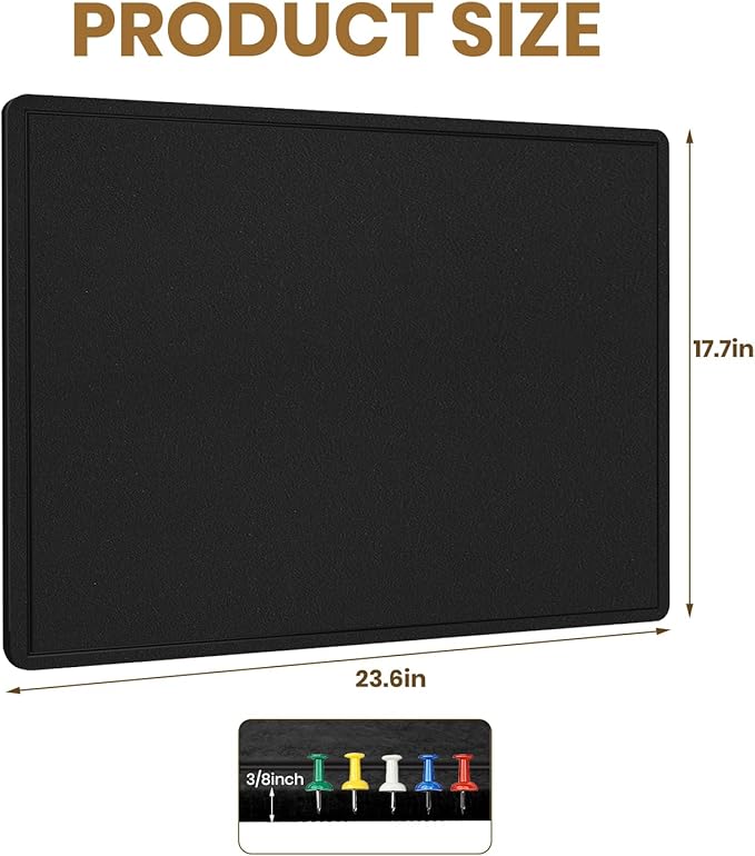 Bulletin Board, 23.5 X 17.5 inches Cork Board with 20 Pushpin, Felt Cork Board Notice Pin Board, Self-Adhesive Vision Board Mood Board Foldable Photo Board for Wall - Black