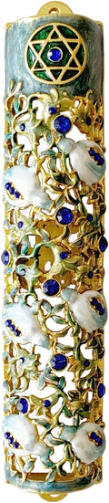 Hand Painted Mezuzah, Exquisite Enamel Mezuzah with Star of David and Blue Crystal Accent