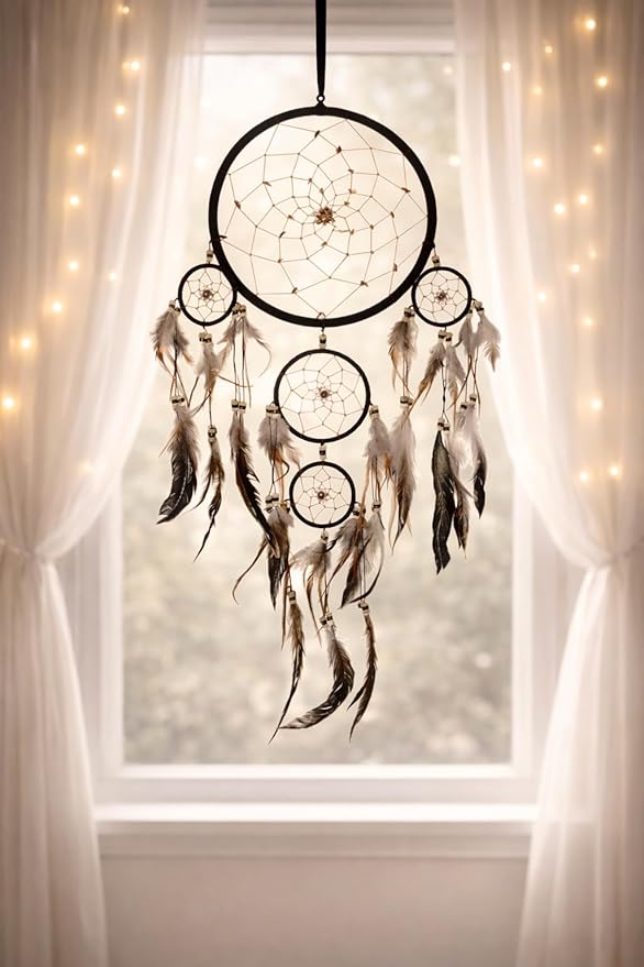 OMA Black Dream Catcher Wall Hanging with Tiger Eye Stones and Feathers, Black Suede Traditional Dream Catcher Boho Home Decor Bedroom Decoration Gift Large Size - 28" Long x 9" Diameter