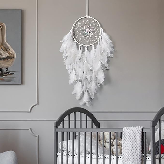Dremisland White Feathers Dream Catcher Wall Hanging Elegant Wall Art Room Decoration for Windows Balcony Bedroom Wedding Party Gift for Girls and Kids (No Lights)