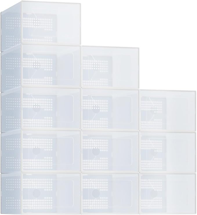 NEWBULIG 12 Pack Clear Shoe Storage Boxes, Shoe Organizer for Closet with Lid, Plastic Stackable Breathable Shoe Cabinet with Lid for Sneakers, Heels & Boots, White