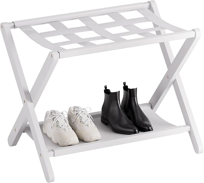 HITNET White Luggage Rack, Folding Suitcase Stand, Bamboo Luggage Holder with Storage for Guest Room Bedroom Hotel