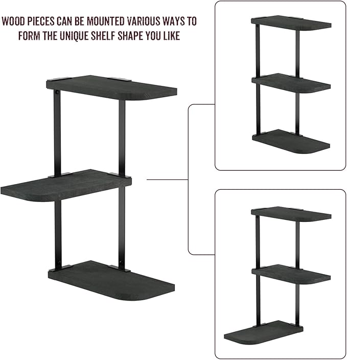 Love-KANKEI Corner Shelf Wall Mount of 3 Tier Rustic Wood Floating Shelves for Bedroom Living Room Bathroom Kitchen Office and More Black