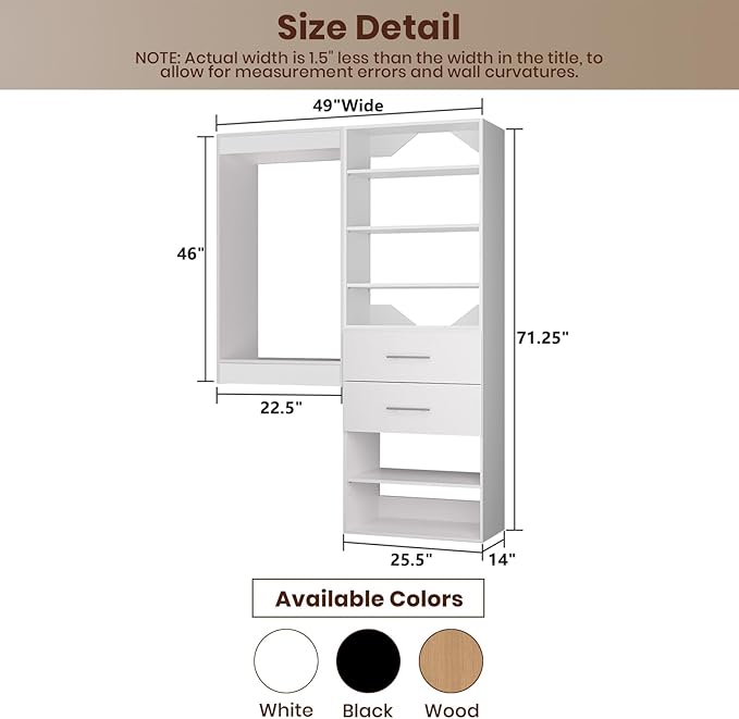ROOMTEC Modular Closet System, 49" Wall Mounted Closet Organizer with Hanging Rods and Drawers, Wooden Tower for Walk-In Closets, Wardrobe Storage Kit, White