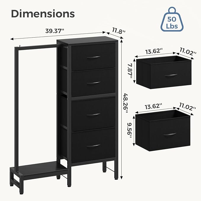 OLIXIS 4 in 1 Storage with Hanging Rack, Clothes Rack Shoes Rack, Bag Hook, Tall Storage Tower, Sturdy Frame for Bedroom Entryway Living Room Black