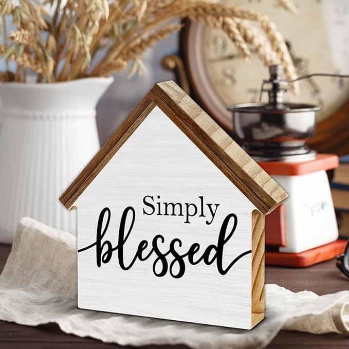 Blessed Signs for Home Decor, Simply Blessed House Shaped Wood Sign, Rustic Farmhouse Home Living Room Decor for Desk Table Shelf