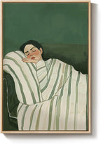 Framed Woman Bedroom Wall Art, Large Cozy Woman Canvas Painting for Room Decor, Relaxing Minimalist Artwork for Walls, Green Picture Print for Nursery Guest Room Hallway Wall Art Decor, 24x36 Inch
